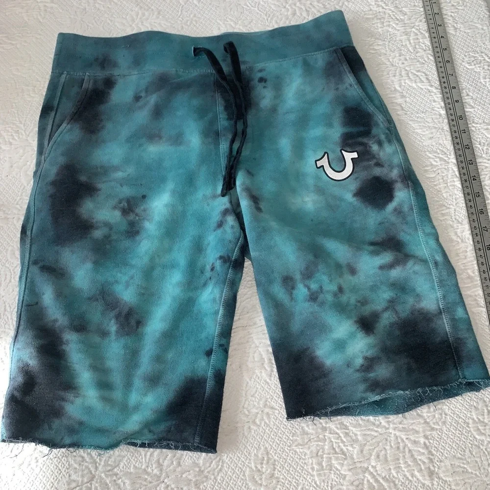 True Religion Men's Tie Dye Activewear Sweat Shorts Full Zip Hoodie Turquoise‎